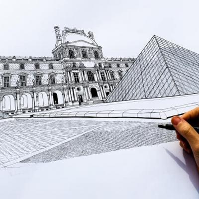 Dessin en direct devant la Pyramide du Louvre.